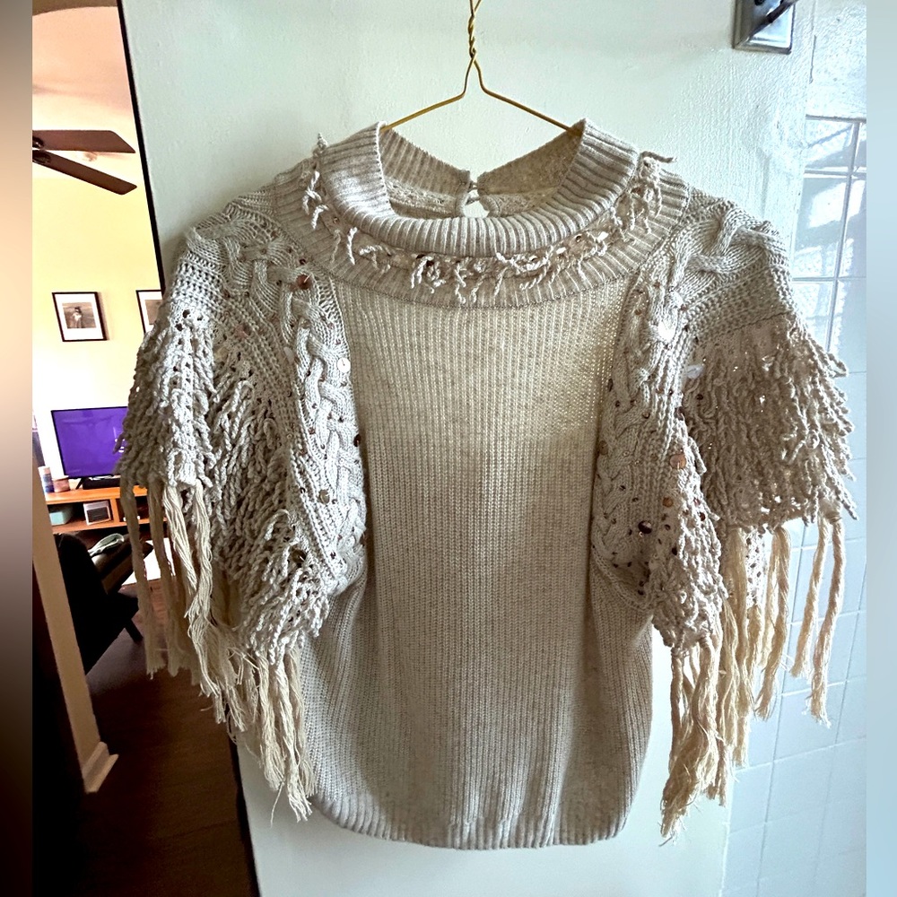 Anthropologie: Boho Sequined/Tassels Knit Top [XS]